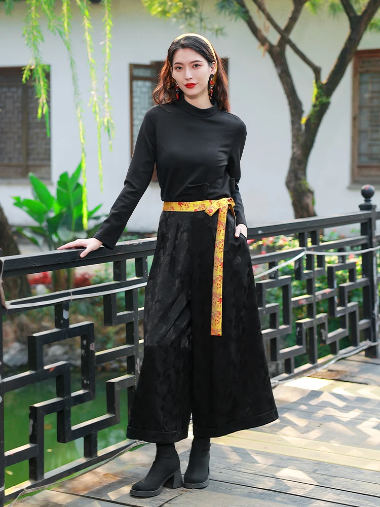 

Bla Color Woven Tie Waist Slim Fit Top for Women Yang Li Designed New Chinese Sle Ethnic Wind Spring Autumn Wear