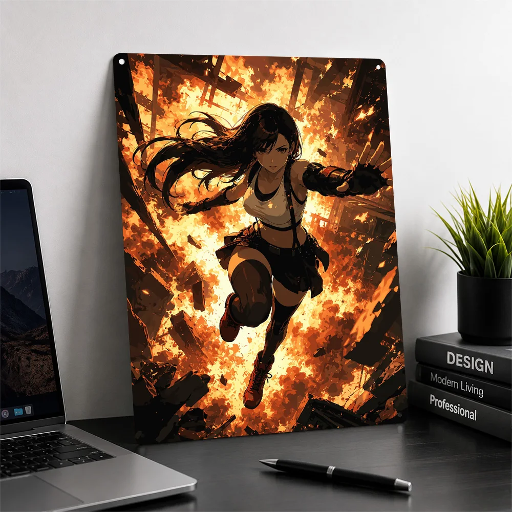 Tifa Lockhart in Fiery Chaos Personalized 3D Textured Metal Poster Wall Art Tinplate Sign for Living Room Interior Decoration