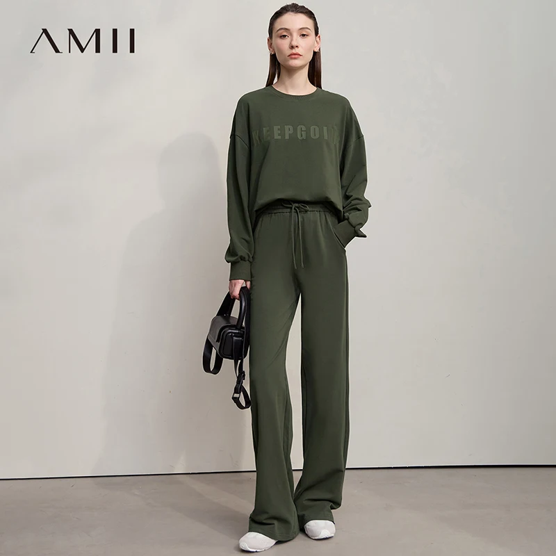 

AMII Cotton Sweatshirts for Woman 2025 Autumn New Minimalist Sports Sweater Wide-leg Pants Letter Print Pants for Woman 12543156
