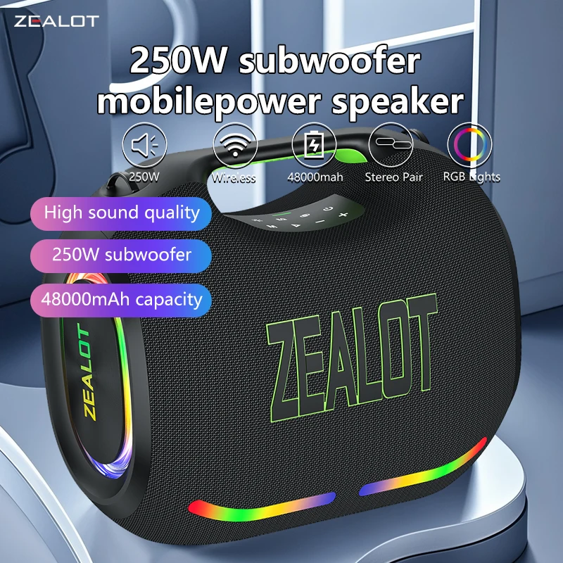 ZEALOT ZE21 Altoparlante Bluetooth portatile da 250 W Altoparlante Bluetooth impermeabile 48000 mAh Subwoofer TWS wireless Suporrt USB/TF/AUX Luce RGB.