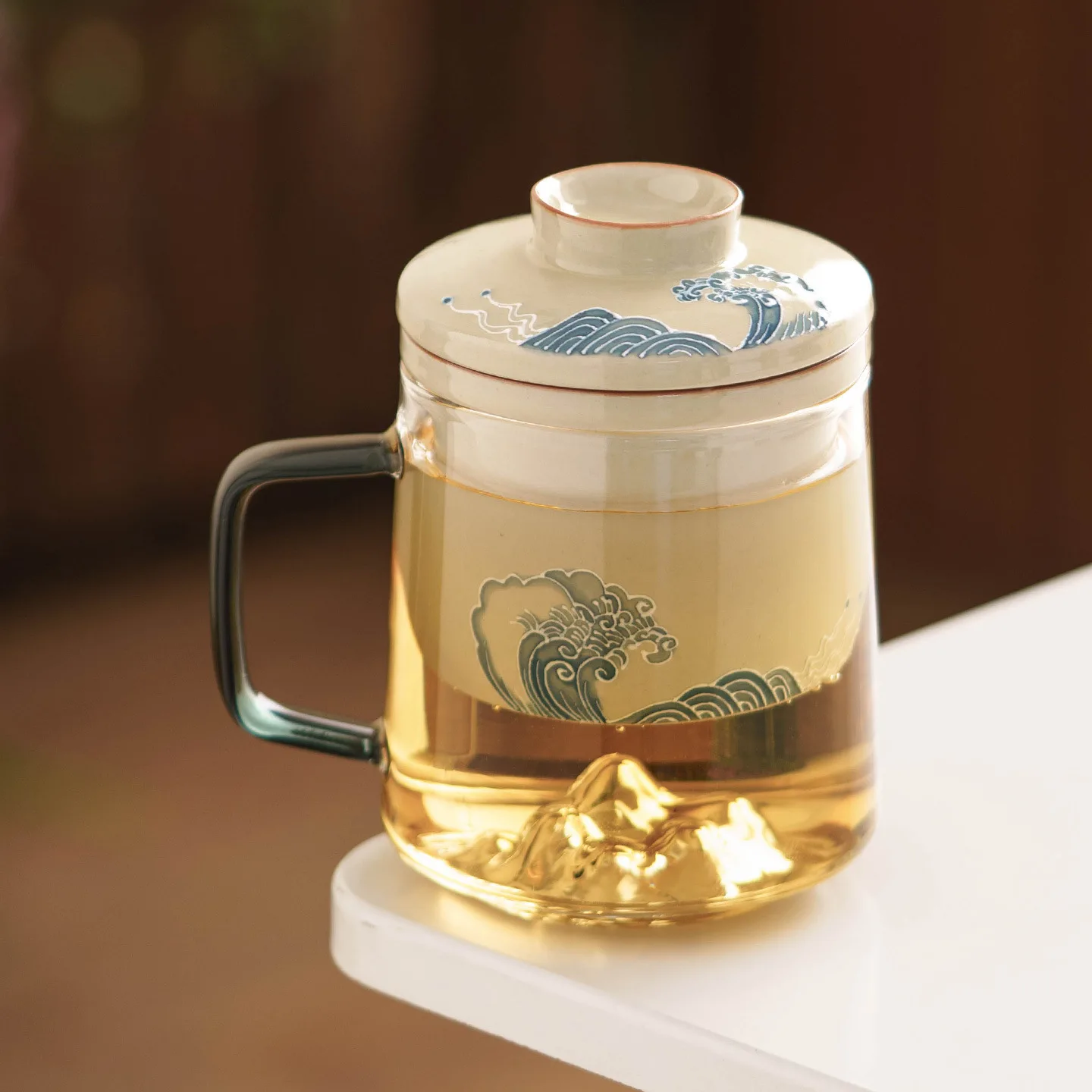 2026 New Glass Tea Infuser Mug 3D Ocean Wave Relief Tea Water Separation with Lid Heat Resistant Office Cup Home Travel Gift Set
