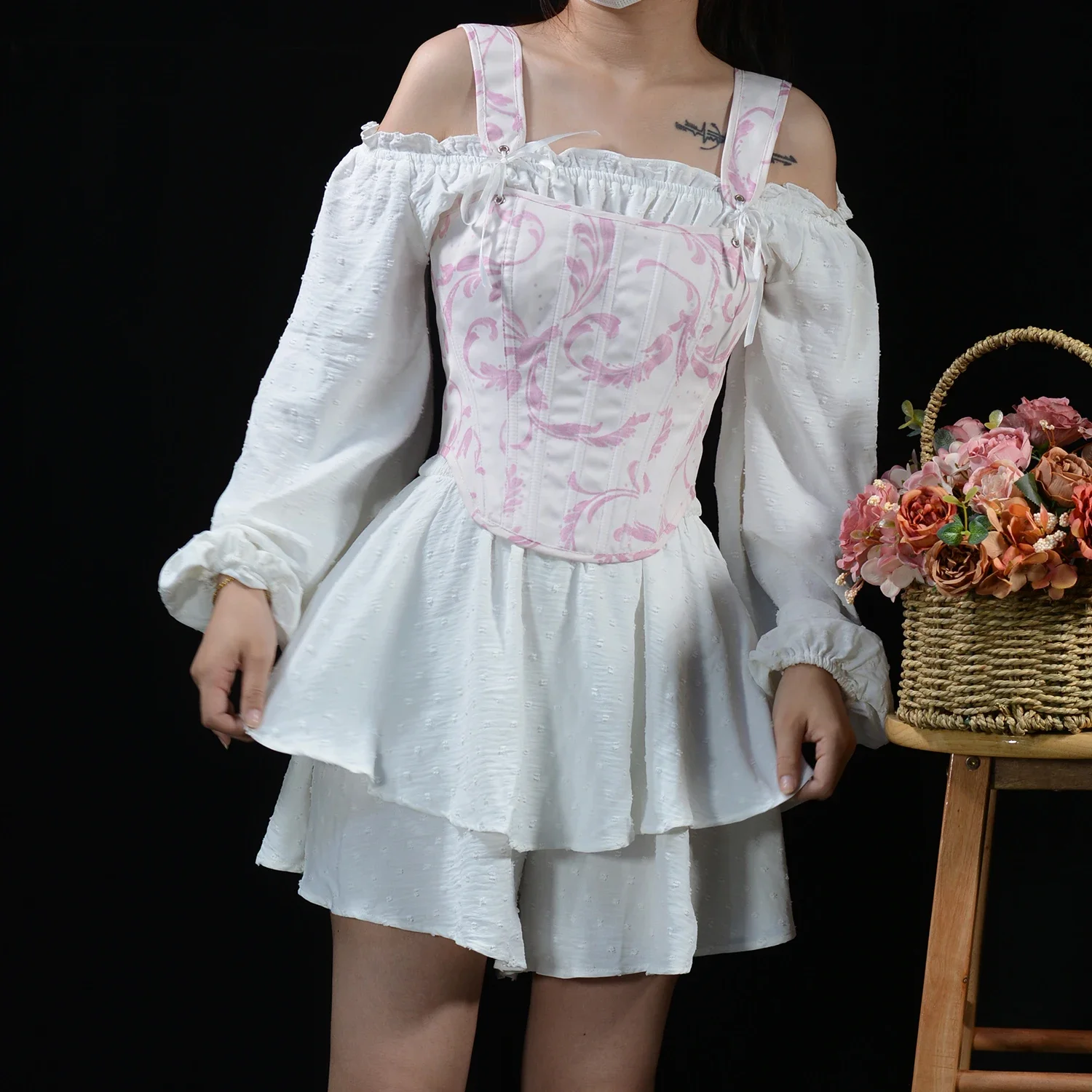 

Fashion Pink Floral Print Corset Tops with Shoulder Strap Ladies Overbust Sexy Bustiers Body Shaper Lingeire Waist Cinch