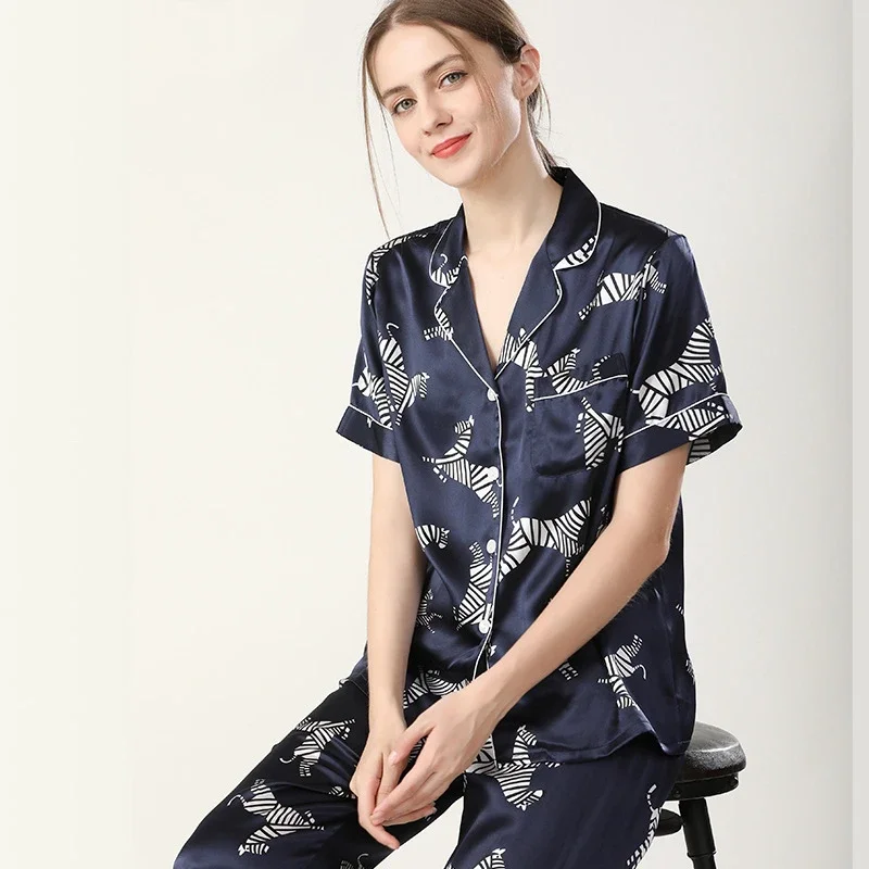 Zebra Print 100% Mulberry Silk Short Sleeve Trousers Pajamas Suit Summer Pajama Set Women's Two-piece Short Sleepwear Loungewear