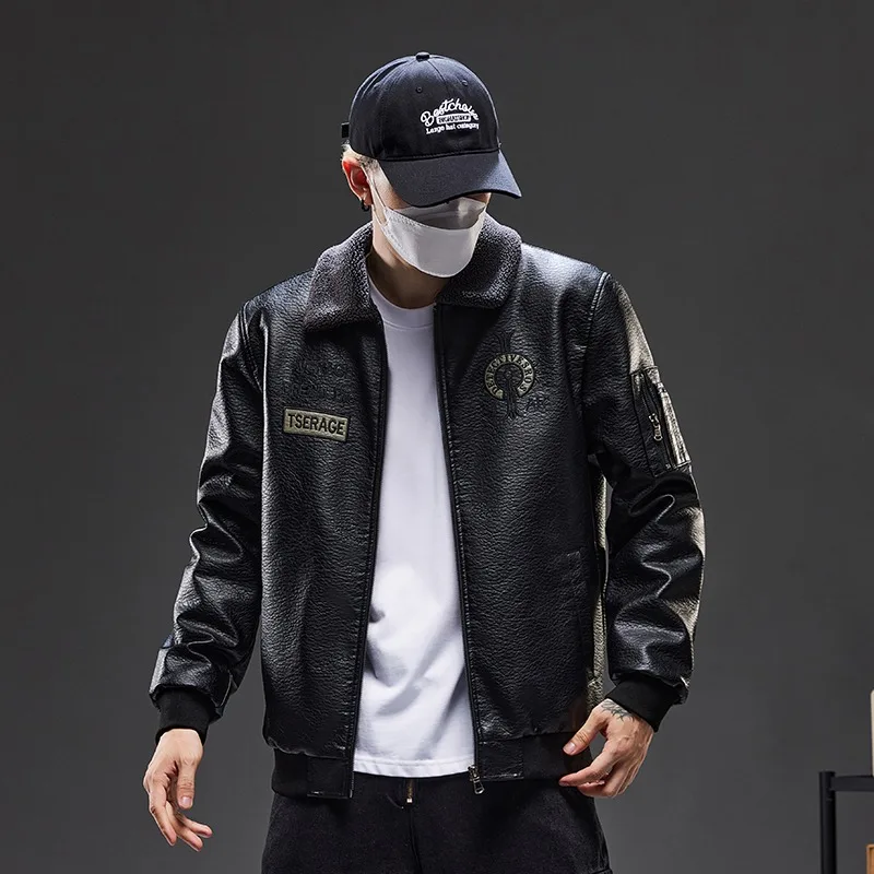 Brand New Men's Leather Jacket Zip Lapel Fleece Coat Fashion Embroideried Motorcycle Biker Jacket Windproof Waterproof Outwear
