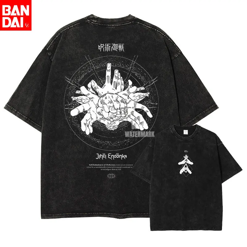 Vintage Washed Black T-Shirt Jujutsu Kaisen Anime Graphic Tee Gojo Satoru Flame Planet Design Oversized T Shirt Sporty Tees