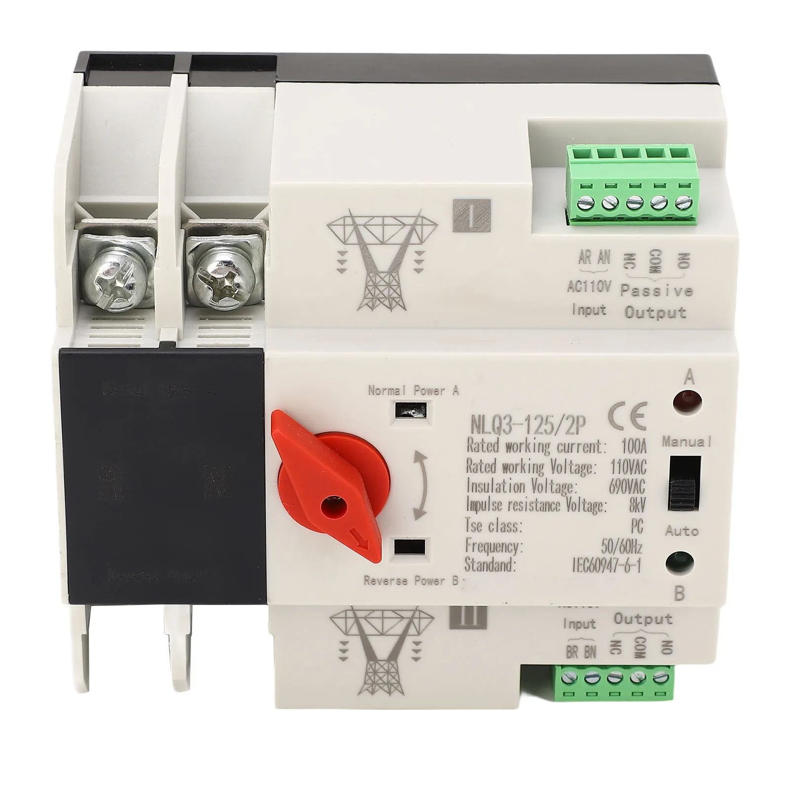 AC110V 100A Dual Power Automatic Transfer Switch 35mm Rail Mounting 2P ATS Generator Transfer Changeover Switch