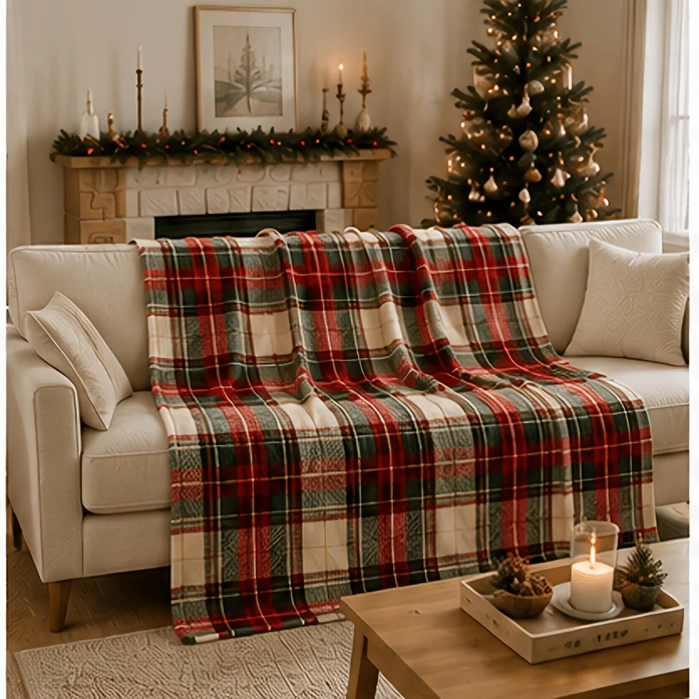 Christmas Plaid Flannel Blanket Tartan Check Holiday Throw Blanket for Sofa Bed Couch Bedroom Living Room Home Decor Winter Cabin Farmhouse Decoration Seasonal Gift Cozy Nap Blanket Office Travel Classic Festive Bedding Holiday Room Accent Art
