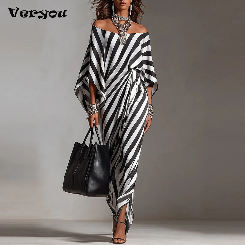 Sommerkleid mit schulterfreiem Schnitt, halben Ärmeln, lockerem Schnitt, langem Modell, elegant, Maxikleid für Damen, modisches Strandkleid, Boho-Stil