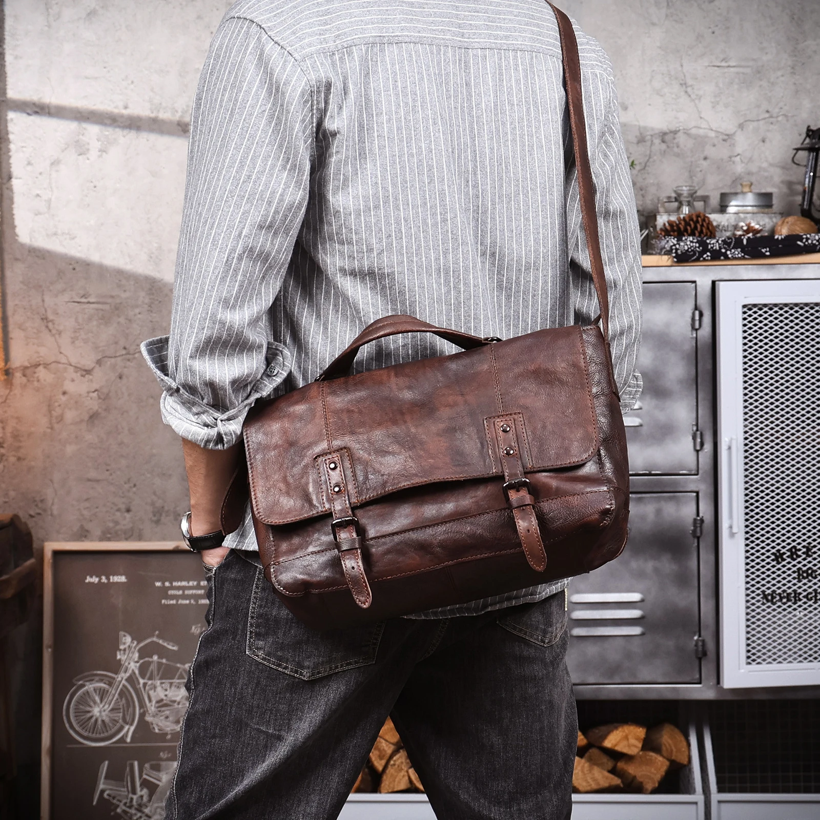 Vintage Herren-Umhängetasche aus hochwertigem Leder, lässige Messenger-Tasche, große horizontale quadratische Schultertasche – Detail 5