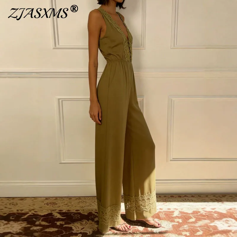 

Elegant Lace V Neck Sleeveless Jumpsuits Women High Waist Wide Leg Romper Casual Party Cocktail Summer Holiday One-Piece Outfits