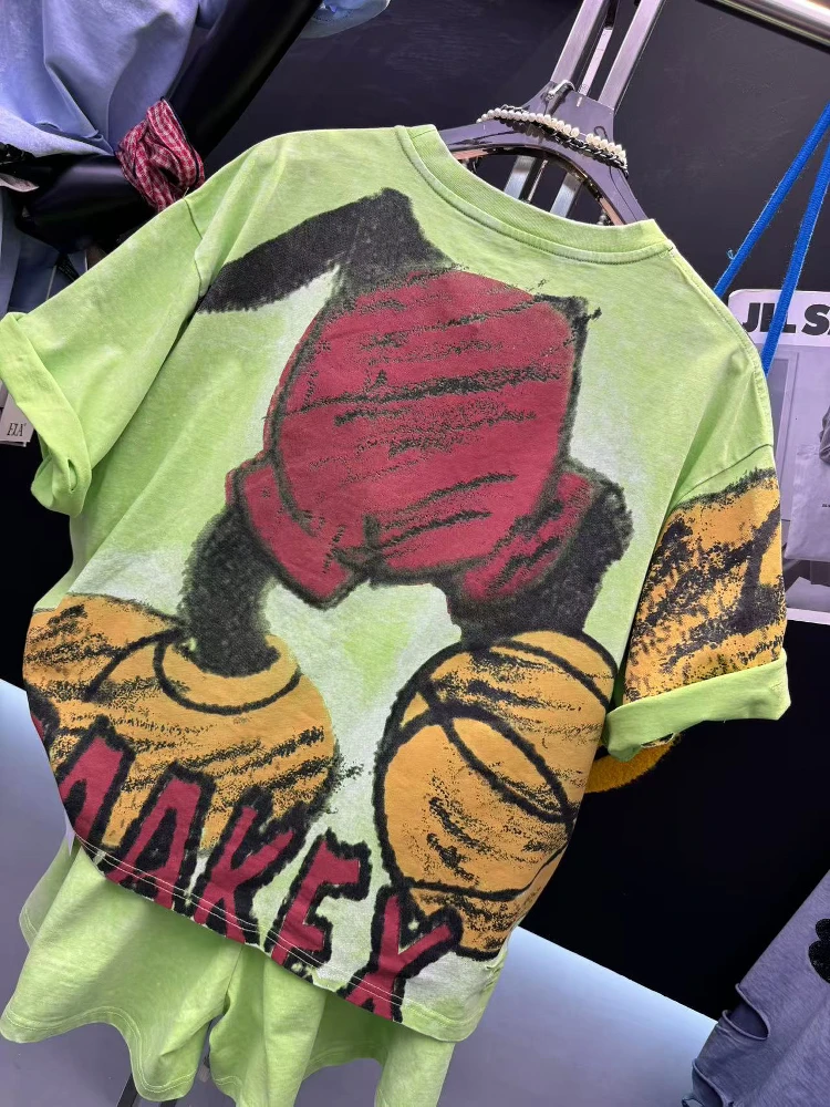 Heavy Industry Commute Style Cartoon Short-sleeved T-shirt Outfits Women's Loose Casual O-neck Top Tees Kawaii Short Pants Set