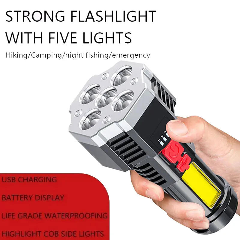 

Мощный перезаряжаемый светодиодный фонарь с 5 светодиодами, прожектор для кемпинга с боковым COB-светом, водонепроницаемый, для улицы, материал ABS