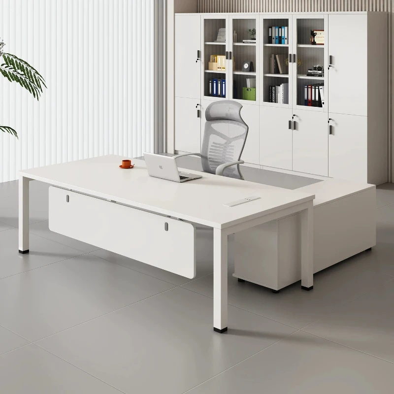 T*-Modern White Boss Desk with Side Cabinet, Matte White Finish, Minimalist Executive Workstation for CEO Office*-