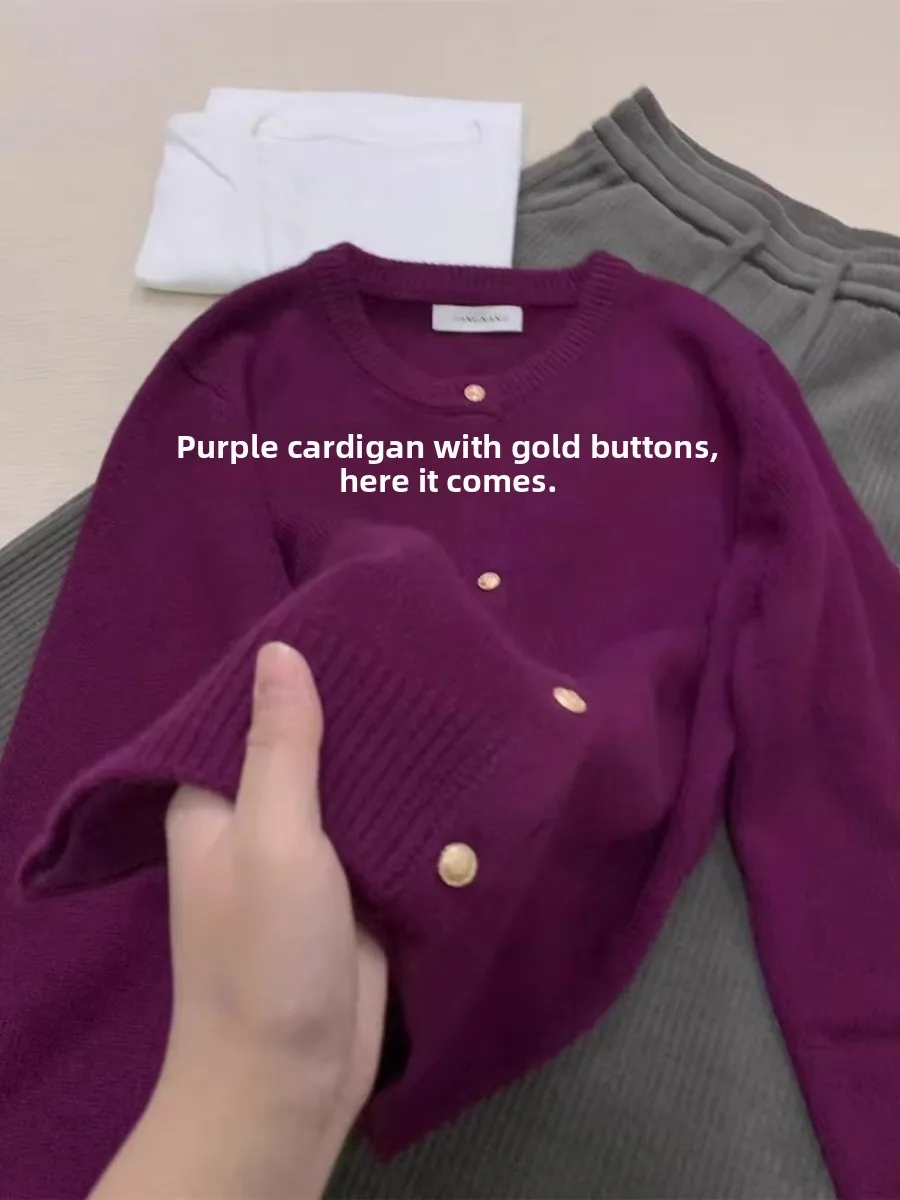

Soft Purple Bear Fur Knitted Sweater Coat Women's Autumn Winter New Style Korean Style Low round Neck Button up Cardigan