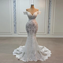 See Thru Lace Appliques Prom Dresses Off The Shoulder Beaded Mesh Mermaid Wedding Party Dress Sexy Flowers Long Bridal Gowns