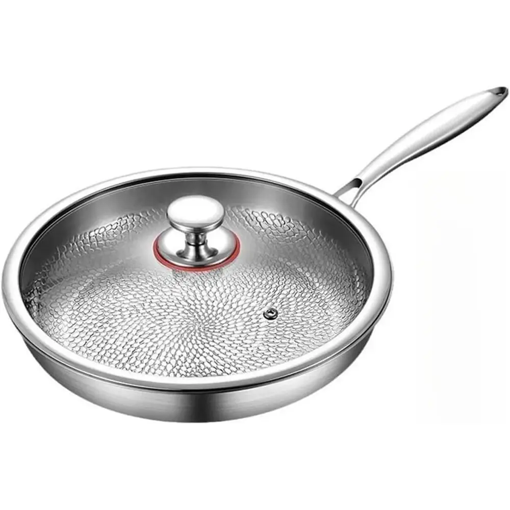

30cm Silver Titanium Steel Frying Pan with Non-Stick Coating and Lid, Uncoated Alloy Cooking Pot, Scale Hammer Included