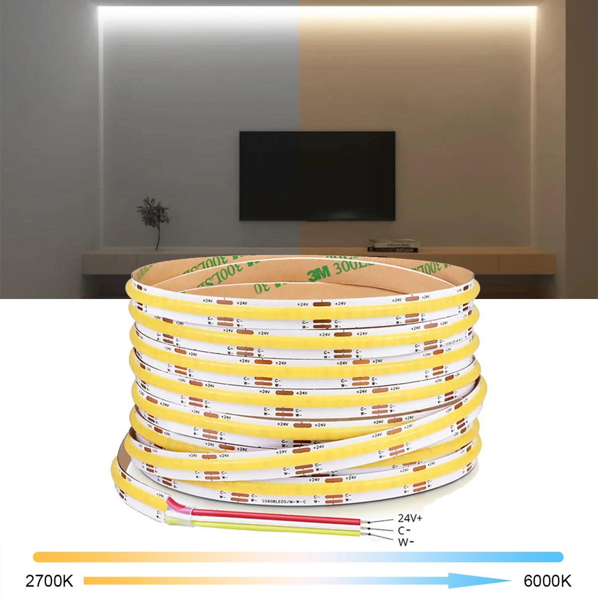 FCOB COB CCT LED Strip Light 608LEDs/M Ściemnialna elastyczna taśma o wysokiej gęstości 3000K 4000K 6500K RA90 Led Lights DC12V 24V