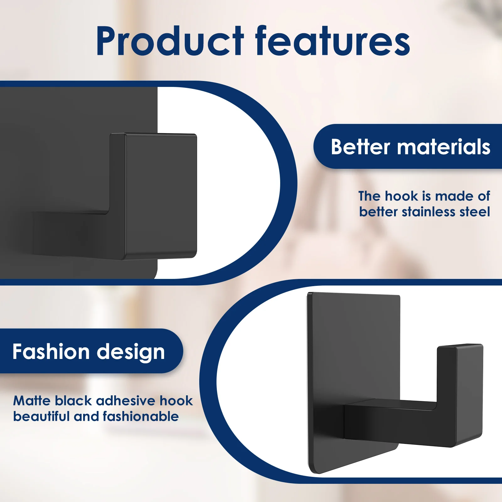 2-6 قطعة خطاف جدار الحمام ذاتي اللصق من الفولاذ المقاوم للصدأ معطف منشفة لاصق قوي رف معلق خطاف ملابس المطبخ والحمام #3