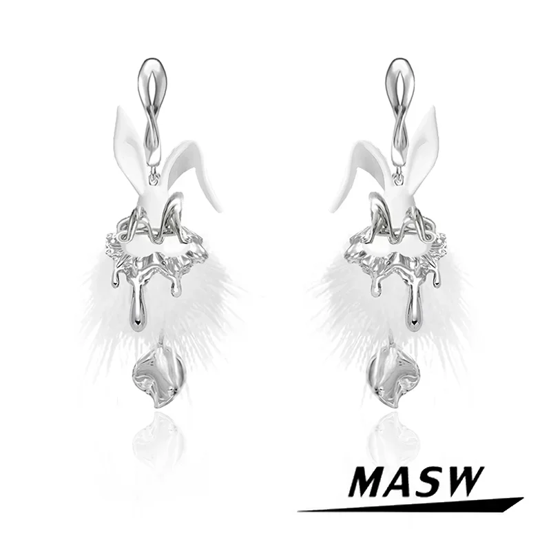 MASW Original Design Sweet Temperament Lovely Pompon White Rabitte Dangle Earrrings For Women 2024 Fine Jewelry Hot Sale