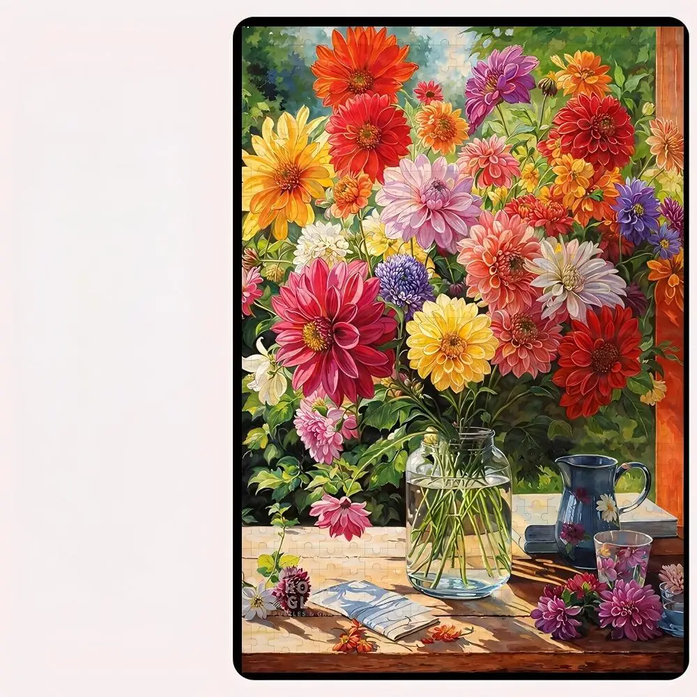 Landscape Jigsaw Puzzle,Dahlia Still Life,Farm House with Chickens Mt.Fuji Cherry Blossom,Whimsical Village,Home Decor Gift