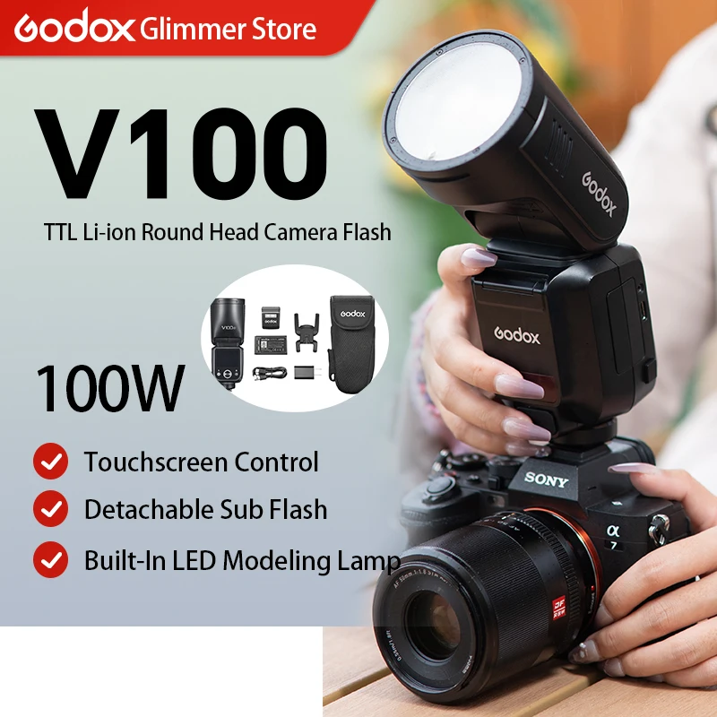 

Вспышка Godox TTL HSS Li-ion с круглой головкой для камеры V100 100Ws, беспроводная передача данных, для Canon, Nikon, Sony, Fuji