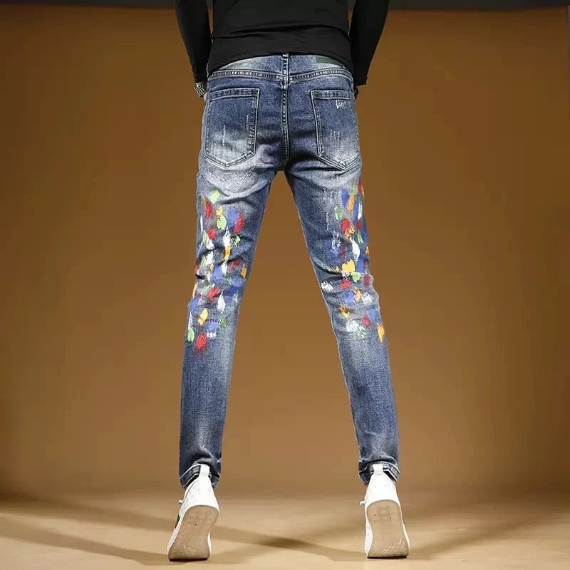 Fashion Graffiti Printed Ripped Blue Jeans Men Autumn Streetwear Slim Fit Straight Pants Casual Stretch Denim Trousers