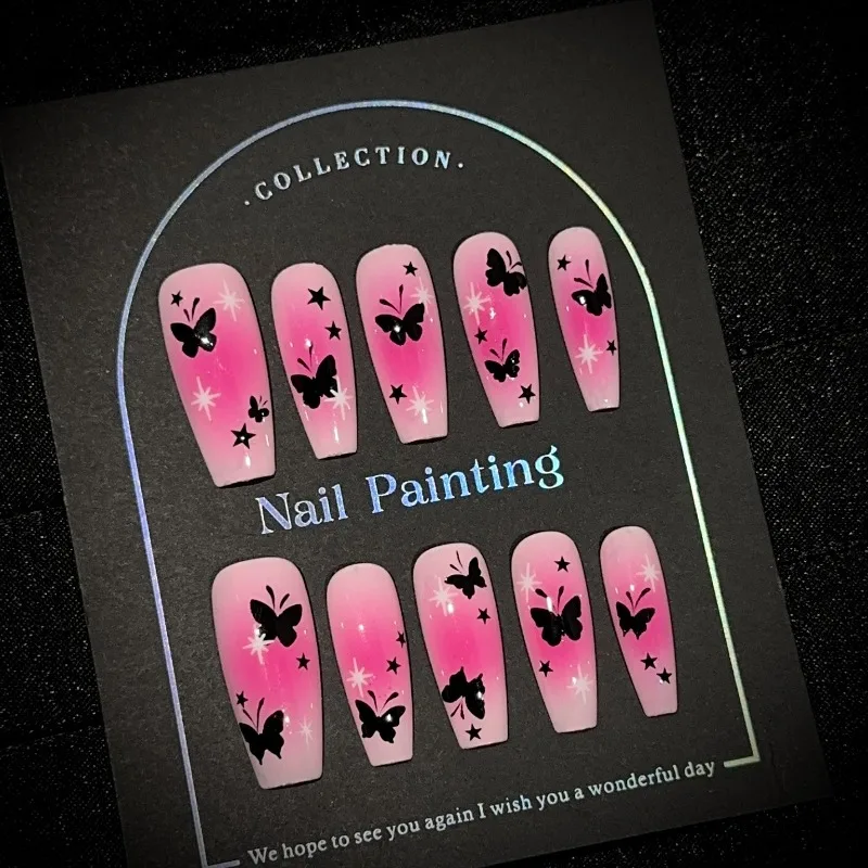 

10PCS Y2K Style Butterfly Press on Nails Medium Coffin Pink Black Sweet Cool Style Luxury False Nails Handmade Nails for Women