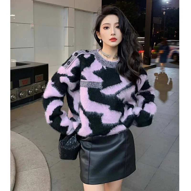 

Новый полосатый контрастный пуловер с круглым вырезом для женщин, осень-зима, новый свободный стиль, толстый вязаный топ, фиолетовый, черный, одежда