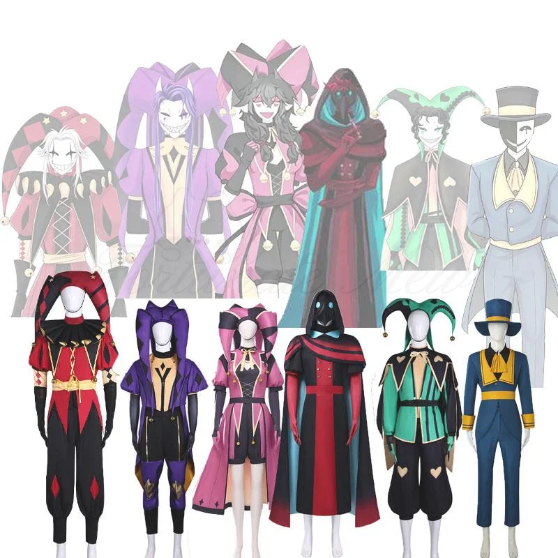 Hot The Freak Circus Pierrot Jester Harlequin Cosplay Costume Adult Clown Top Pant mask Joker Uniform Halloween Costume Carnival