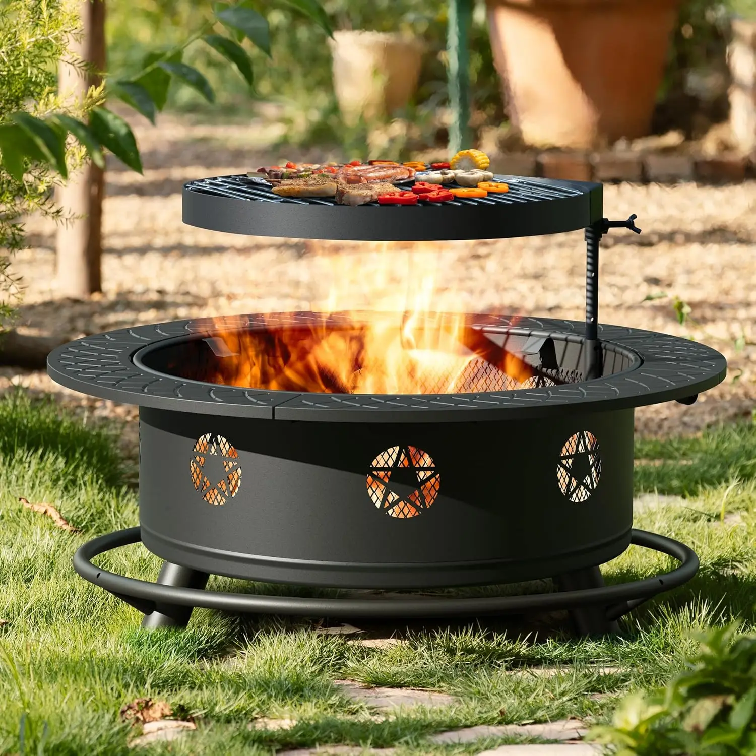 

35 Inch Fire Pit with BBQ Grill, Wood Burning Fire Pits for Outside with Lid & Fire Poker, 3 in 1 Round Metal Fire Pit Table