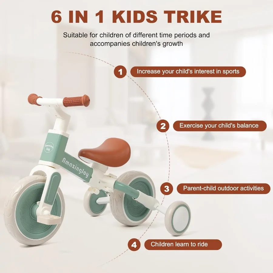 6in1幼児用三輪車、1歳児用バランスバイク、取り外し可能なペダル付き、調節可能なシート、押し車おもちゃ、誕生日プレゼント