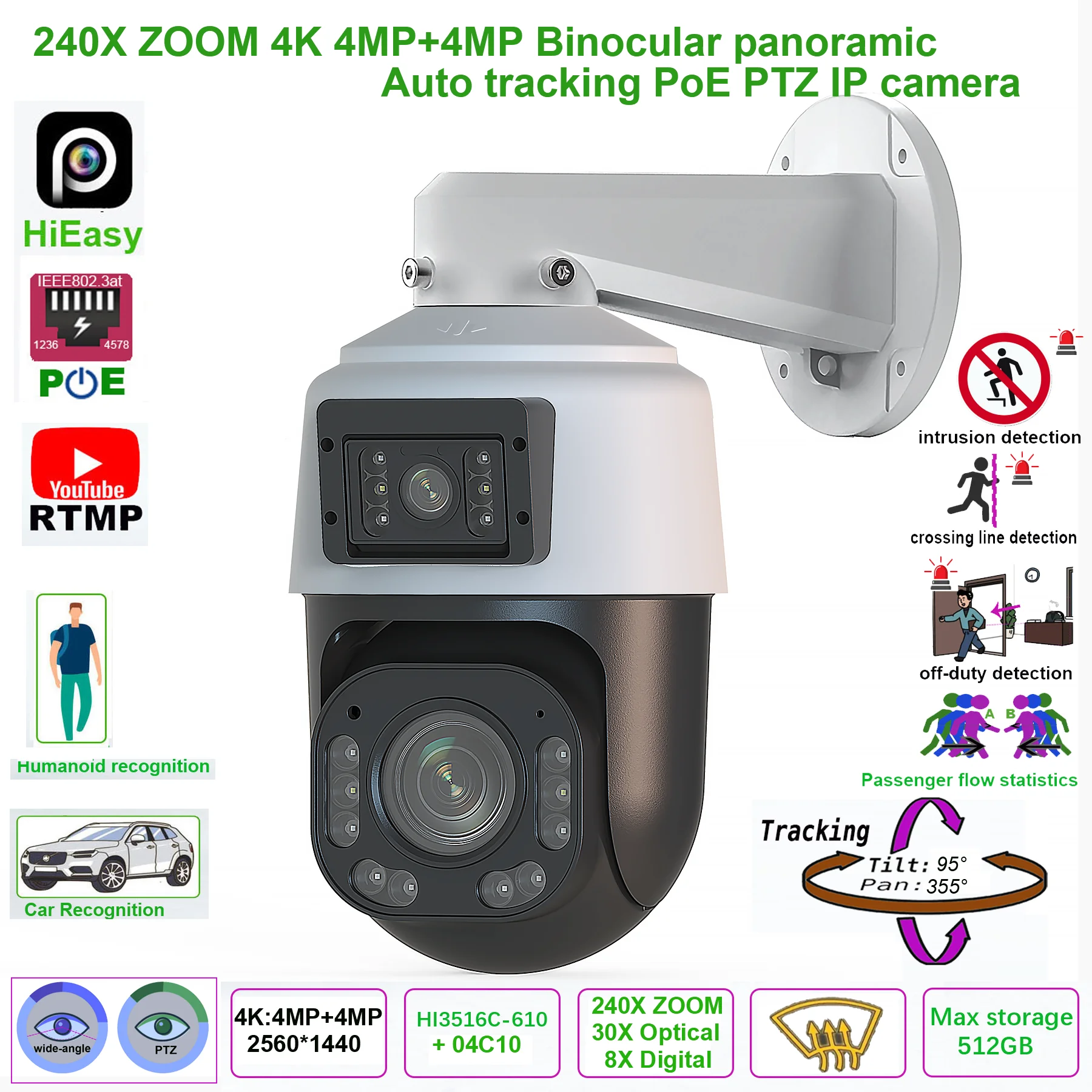 4K 240X ZOOM both eyes lens binocular 8MP 4MP auto tracking POE PTZ IP Camera RTMP ONVIF SD card