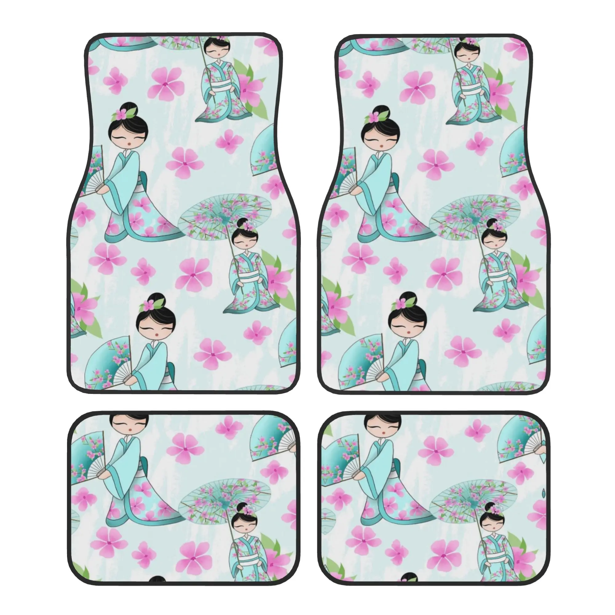 

Crystal Velvet Car Floor Mats 4 Pcs Carpets Rugs Japanese Girl kimono Kokeshi Doll Universal Car Front Rear Carpets Foot Mats