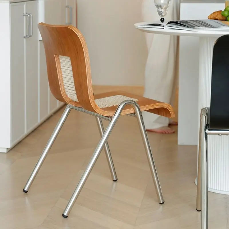 Home Restaurant Creative Rattan Backrest Dining Chair Living Room Bedroom Comfortable Stainless Steel Solid Wood Backrest Stool