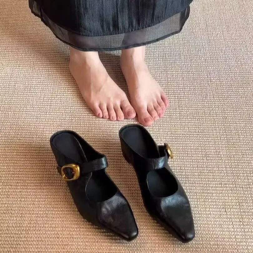 

Women's Square Toe Metal Buckle Mule Slides Low Block Heel Closed Toe SlipOn Slippers Vintage Elegant Daily Commute Office Dress