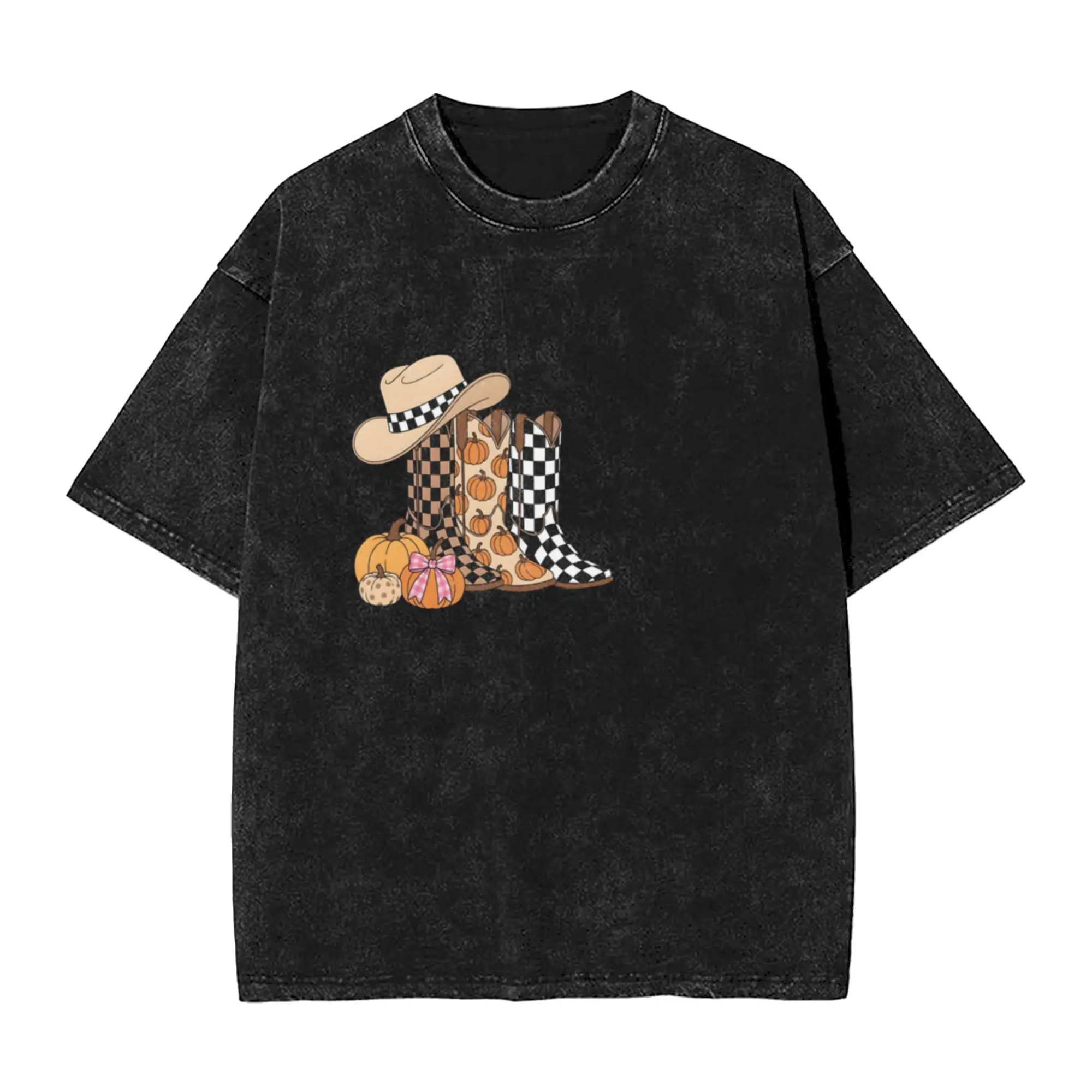 Western Halloween Boots Fall Pumpkins Cowgirl  Classic Chic A Washed T Shirt Men's Women's Oversized Cotton Tees Tops