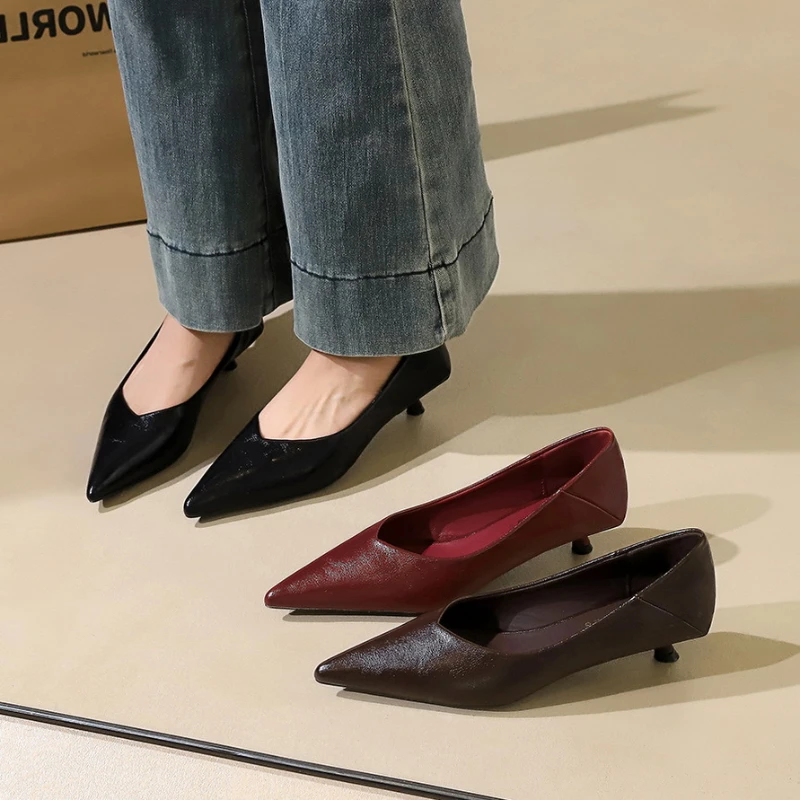 

Leather Pointed Toe Kitten Heel Pumps Minimalist Design Comfortable Low Heel Office Work Party Dress Shoes Elegant Footwear
