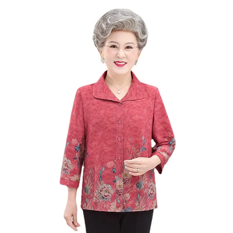 Elderly People Summer Clothes 60-70 Years Old Grandma Shirts Three Quarter Sleeves Casual Cardigan Blouse Women Blusas 7XL 8XL