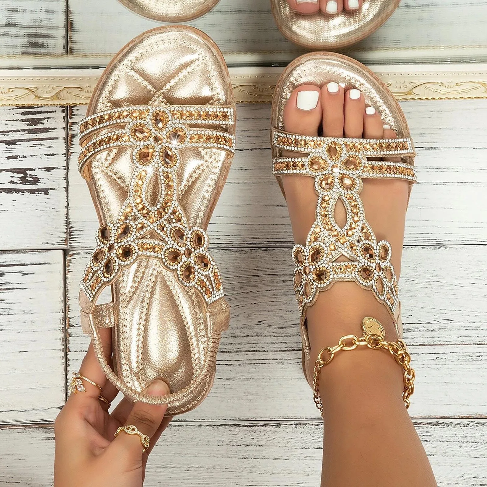 Women Rhinestone Flower Sandals Open Toe Slingback Elastic Ankle Strap Wedges Ladies Shoes Fashion Sexy Beach Party Sandals