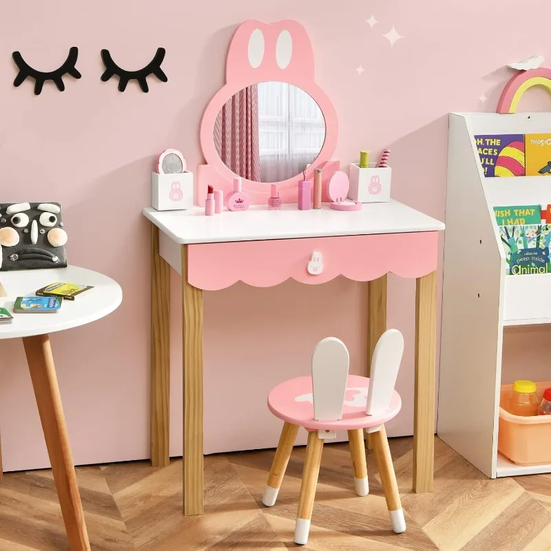 

Kids 2 in 1 Princess Makeup Dressing Table,Chair, Drawer & Solid Wood Legs, Pretend Play Vanity Set for Little Girls