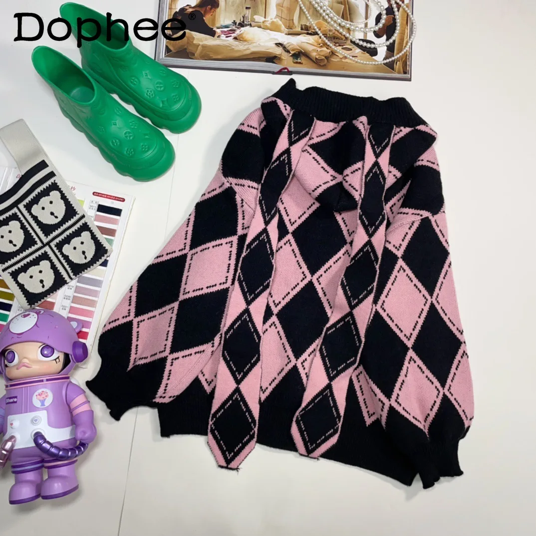 Fashion Plaid Rabbit Ears Hooded Age-reducing Sweater Cardigan Women 2024 Autumn Winter New Sweet Japanese Style Loose Sweater