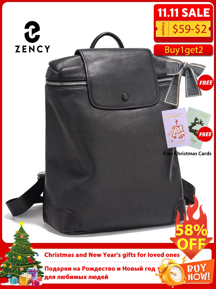 Zency 2025 Genuine Leather Black Backpack Multi-pocket Design Knapsack Flap Bag for Summer Winter Large Capacity For A4 Ipad