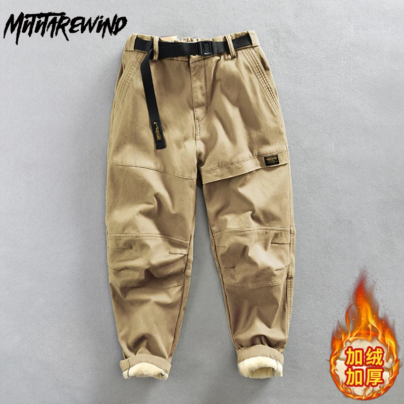 New Winter Pants Men Outdoor Casual Pants American Style Khaki Cargo Pants Fleece-lined Pants Men Loose Keep Warm Trousers Youth