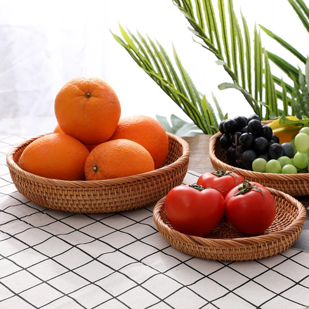 1/3PCS Handwoven Rattan Storage Tray Bread Fruit Food Breakfast Picnic Basket Wicker Round Tray Kitchen Storage Basket Container