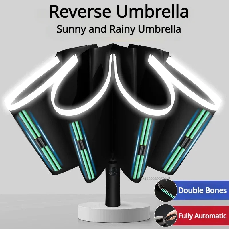 10K Double Bones Men Women Umbrella Fully Automatic Reverse Folding Umbrella with Windproof Reflective Stripe UV Sun Umbrellas