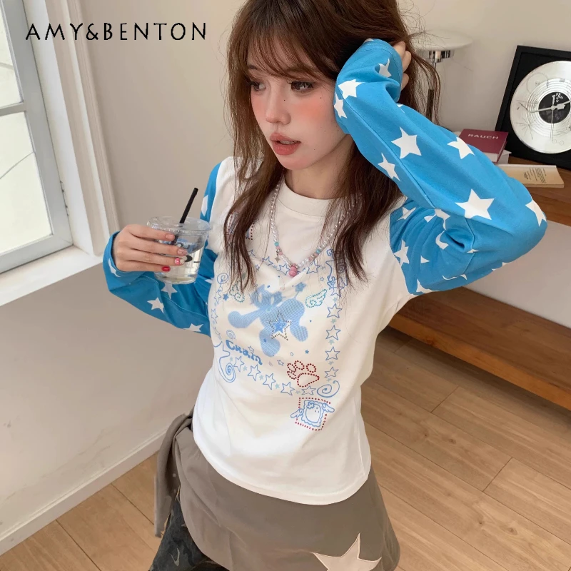

American Retro Y2K Color-Block Star Print Splicing Long Sleeve Women's T-Shirt Autumn New Sweet Cute Versatile T-Shirts Ladies