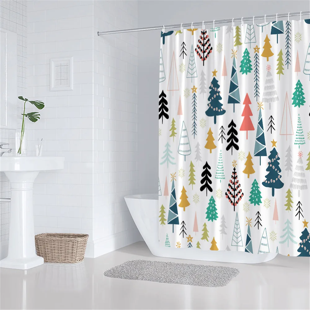 Christmas Shower Curtain Xmas Trees Snowflake Winter New Year Bath Curtains Polyester Fabric Home Bathroom Decoration With Hooks