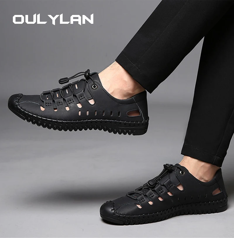 

Men's Soft Leather 2024 Summer Men Leather Sandals Breathable Non-slip Cow Tendon Sole Casual Leather Shoes Outdoor Beach Shoes