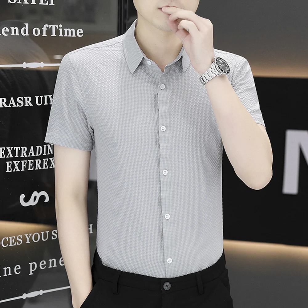 

Pure Textured Yarn Short Sleeve Male Shirts For Business Casual Summer Wear Trendy Loose Fit Breathable Soft Comfy