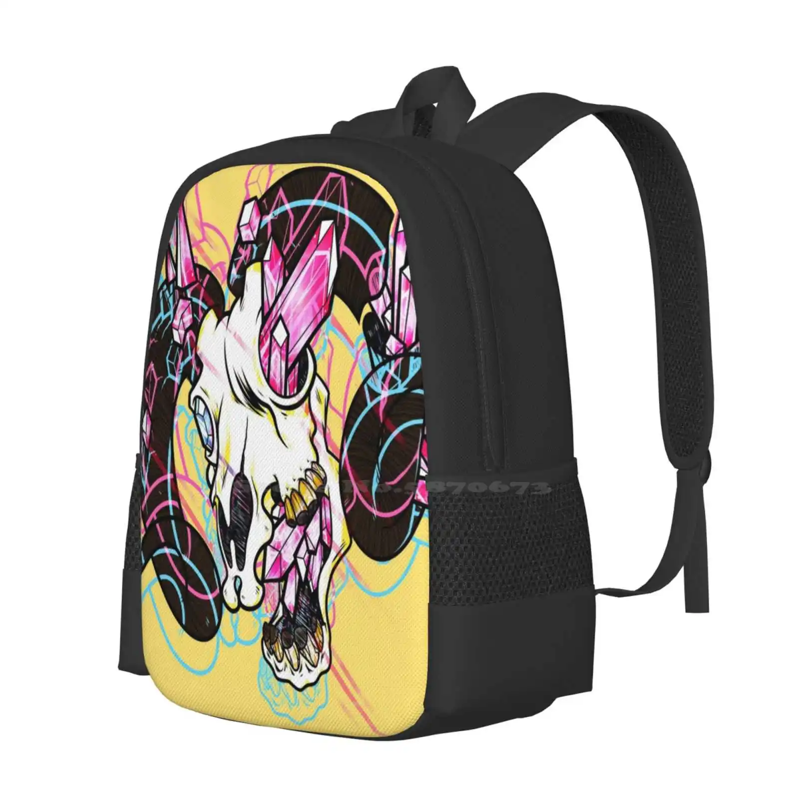 Quartz!-bolsas escolares de viaje para ordenador portátil, gemas de cristal con diseño de patrón rosa, cuernos de Ram distorsionados en 3D, Cráneo de Animal, calaveras muertas